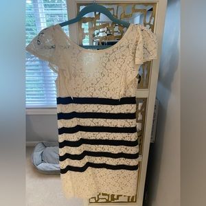 BCBG lace and striped sheath dress